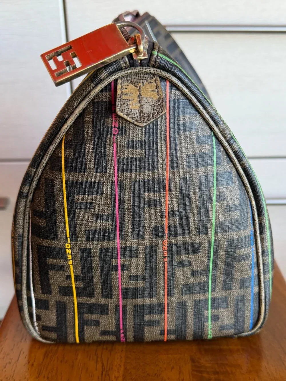 Authentic Fendi Zucca Striped Boston Bag